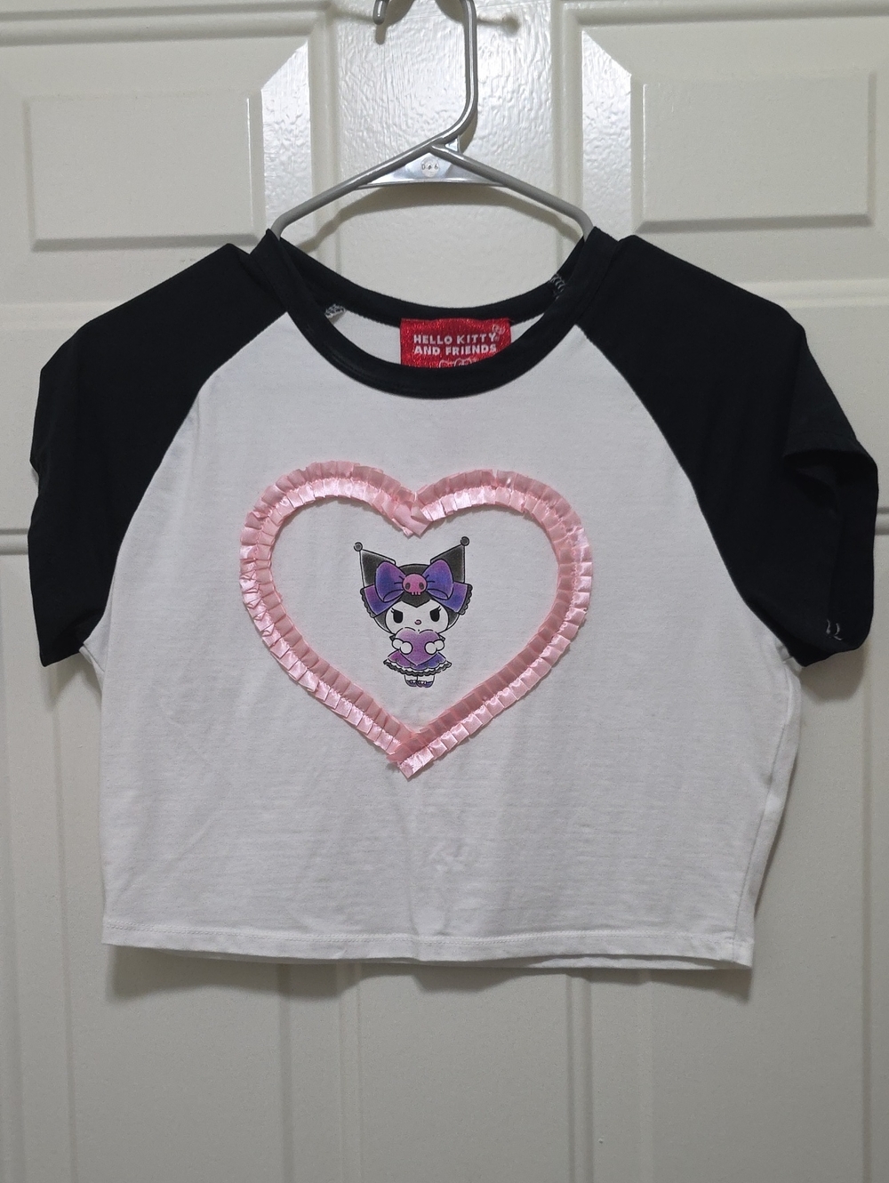 Hello Kitty White Tee with Black Raglan Sleeves and Pink Heart Applique
